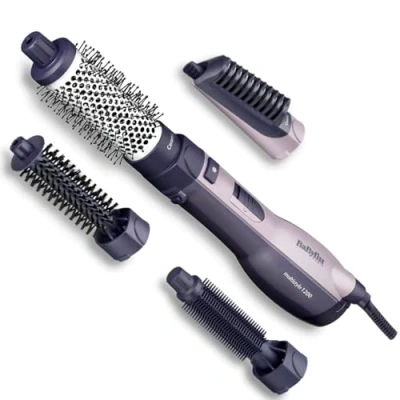 Abbildung von BaByliss Warmluftbürste mit 1200 Watt, Föhnbürste 4 Aufsätzen und verschiedenen Durchmessern für Volumen oder glatte Looks, Ionen Technologie Anti Frizz Effekt, AS121E