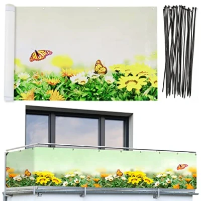 Abbildung von Maximex Balkon Sichtschutz, praktischer Sichtschutz mit Schmetterlings Motiv und hoher UV Witterungsbeständigkeit, schnelltrocknend reißfest, 5 m