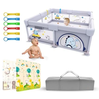 Abbildung von PARVULI Laufstall Baby 120x120 Laufgitter mit gepolsterter Matte und 6 Handgriffen Faltbarer Atmusaktivem Netz Sicherheitszäunen für Zuhause