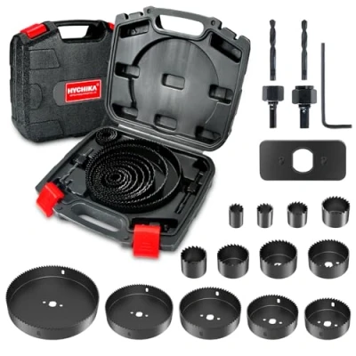Abbildung von Hychika 19 Piece Hole Saw Kit with 13 Saws 152 mm, 2 Arbors, Drill Bits, 1 Mounting Plate, Allen Key, Ideal for Drilling into Softwood, PVC Sheets and Plastic