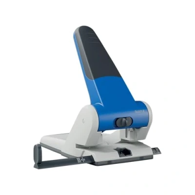 Abbildung von Leitz Extrastarker Registraturlocher, Metall, geeignet für bis zu 65 Blatt, Anschlagschiene mit Formatvorgaben, Ergonomisches Design dank Griffmulde, blau, 51800035