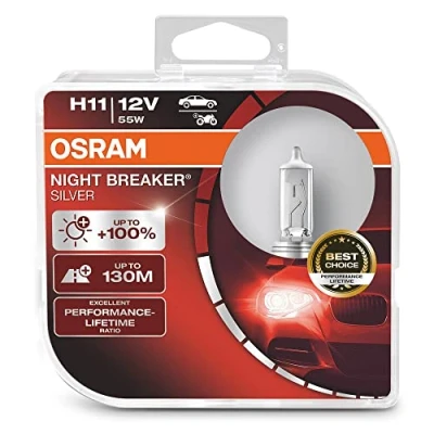 Abbildung von Osram Night Breaker Silver H11, +100% mehr Helligkeit, Halogen Scheinwerferlampe, 64211NBS HCB, 12V Pkw, Duo Box (2 Lampen)