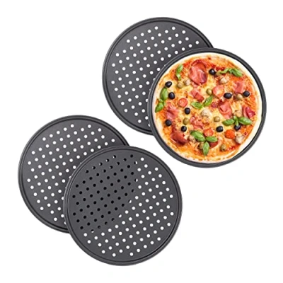 Abbildung von Relaxdays 10030761 Pizzablech, 4er Set, rund, gelocht, antihaft, Pizza &amp; Flammkuchen, aus Stahl, Knusperblech, ∅ 32 cm, anthrazit