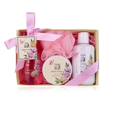 Abbildung von Accentra Duschset Frauen Geschenkset SWEET PEONY in schöner Geschenkbox 4 teiliges Pflegeset mit Duschgel, Bodylotion, Körperbutter und Netzschwamm Geschenk Set zum Valentinstag &amp; Muttertag