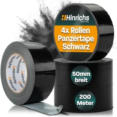 Abbildung von Hinrichs Panzertape schwarz 4 Rollen 50m x 50mm Gewebeband extra starkes Klebeband wasserdichtes Panzerband breites Gewebeklebeband power Duct Tape für Innen und Außen