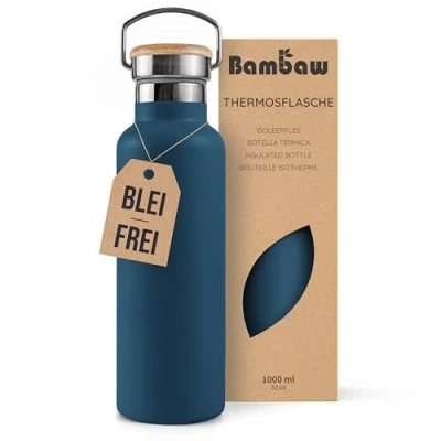 Abbildung von Bambaw Thermosflasche 1l, Trinkflasche Blau, Edelstahl Trinkflasche, Flasche 1l Auslaufsicher, 1000ml Azurblau