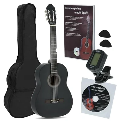 Abbildung von Juan Miguel Navarrez Konzertgitarre 4/4 Starter Set schwarz (Tasche, Tuner, Plektren, Buch mit CD)