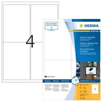 Abbildung von HERMA 9539 Wetterfeste Folienetiketten, 40 Blatt, 99,1 x 139 mm, 4 pro A4 Bogen, 160 Stück, selbstklebend, bedruckbar, matt, blanko Outdoor Klebeetiketten Aufkleber aus Polyethylen, weiß