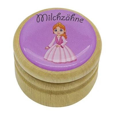 Abbildung von GICO Milchzahndose, Zahndose Milchzähne Bilderdose mit diversen Motiven aus Holz für Jungen und Mädchen Drehverschluss 44 mm (Prinzessin)