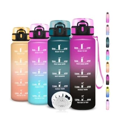 Abbildung von Trinkflasche 1l Wasserflasche Sport, Auslaufsicher, mit Zeitmarkierung und Uhrzeit, Leicht zu Tragen Reinigen, für Camping, Running, Fitness, Gym, Erwachsene