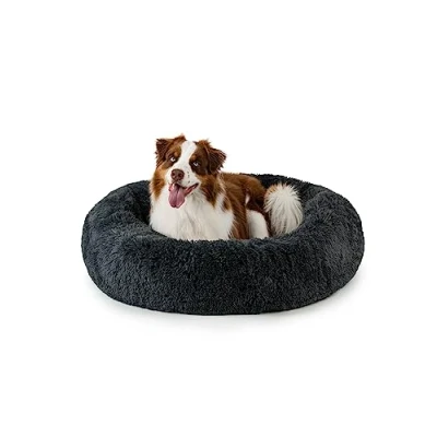 Abbildung von lionto Donutbett für Hunde und Katzen, Flauschiges Hundebett rund kleine große Heimtiere, Ø 100 cm, weiches Katzenbett aus kuscheligem Plüsch, Hundekissen mit extra Dicker Füllung, dunkelgrau