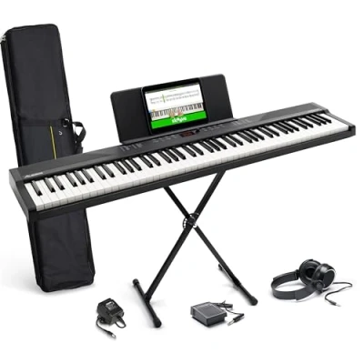 Abbildung von Alesis Keyboard E Piano mit 88 Tasten, 480 Sounds, Lautsprechern, USB MIDI, Tragetasche, Ständer, Kopfhörer, Pedal und Klavierlektionen für Anfänger