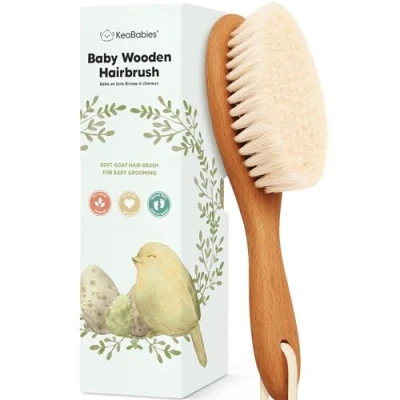 Abbildung von Baby Haarbürste Neugeborene Holz Babybürste mit weichen Ziegenhaarbürste, Milchschorf Bürste, Erstausstattung Neugeborene, Säugling, Kleinkinder Babypflege (Golden Oak,Oval)