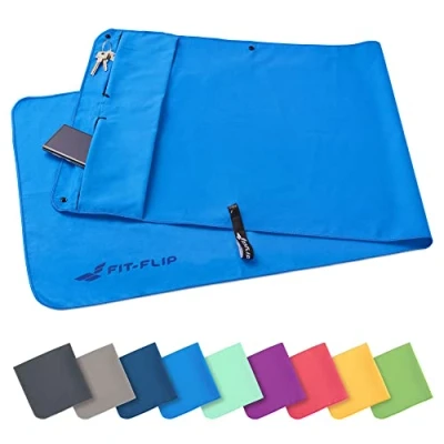 Abbildung von Fit Flip Fitness Handtuch mit Magnet und Reißverschluss Tasche Gym aus Mikrofaser für Sport Kompakt &amp; Schnelltrocknend Sporthandtuch Fitnessstudio Blau 130x48cm