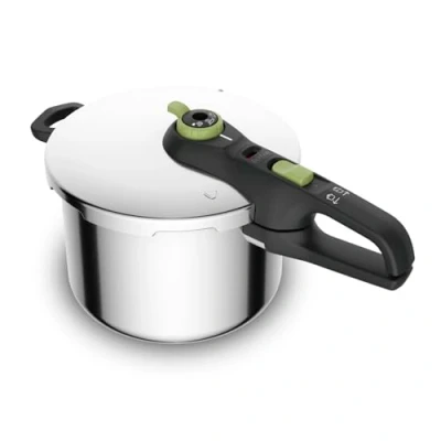 Abbildung von Tefal Secure Trendy Schnellkochtopf induktion 6l, 2 Stufen Garregler: Intensivstufe 117C, Schonstufe 112C, Induktions Kapselboden, für alle Herdarten, Edelstahl/Schwarz/Grün, P2580703