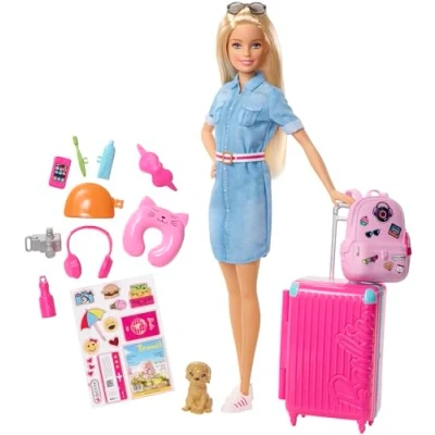 Abbildung von Barbie Puppe Dream House Adventures, Reise mit blonden Haaren, rosa Koffer, Rucksack, Nackenkissen, Welpe, Zubehör, Geschenke für Kinder ab 3 Jahren,FWV25