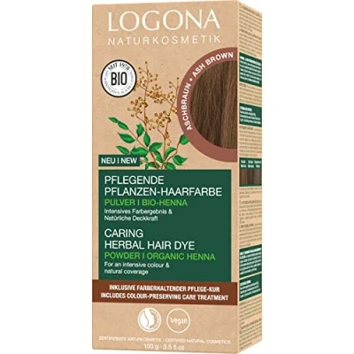 Abbildung von LOGONA Naturkosmetik Pflegende pflanzliche Haarfarbe, Veganes Haarfarbe Pulver mit Bio Henna für intensive Farbe und Glanz, Pflanzenhaarfarbe in Aschbraun (Braun), 1 x 100g