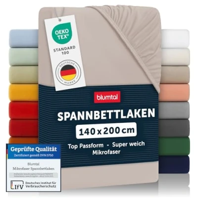 Abbildung von Blumtal® Spannbettlaken 140x200 cm Bettlaken aus Microfaser Oekotex zertifiziertes Spannbetttuch / Leintuch Bettspanntuch Taupe