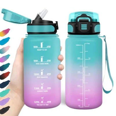 Abbildung von HoneyHolly Trinkflasche 500ml, Auslaufsicher, Wasserflasche BPA Frei, Motivierende mit Zeitmarkierung, Strohhalm, Sport für Kinder, Fahrrad, Fitness, Schule, Büro