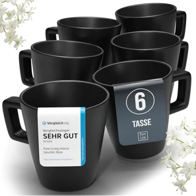 Abbildung von Steingut Kaffeetassen 6 Pers. Manhattan Hochwertiges Urban Style TEST SEHR GUT Tassen Set, Spülmaschinen , Mikrowellen und Kratzfest Stylisches Tee Kaffeebecher Set Pure Living in matt schwarz
