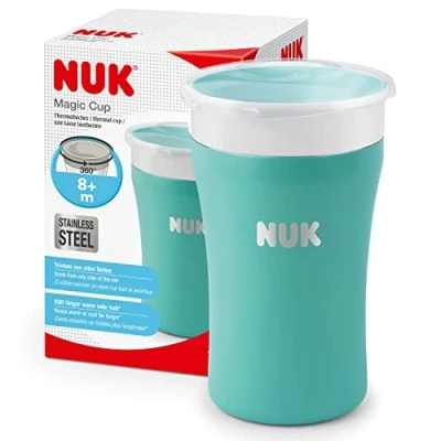 Abbildung von NUK Magic Cup Trinklernbecher aus Edelstahl Hält länger warm oder kalt 8+ Monate 230 ml auslaufsicherer 360 Trinkrand BPA frei und auswaschbar Blau