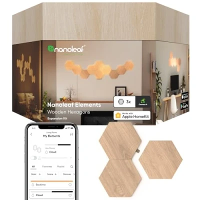 Abbildung von Nanoleaf Elements Hexagon Erweiterungspack, 3 zusätzliche LED Panels Smarte Modulare &amp; Dimmbare Holzoptik WLAN Wandleuchte Innen, Musik Sync, Funktioniert mit Alexa Google Apple, für Deko