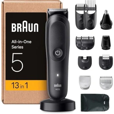 Abbildung von Braun All in One Series 7, 13 1 Multigroomer, Haarschneidemaschine für Gesicht, Kopf und Körper, Barttrimmer, Nasenhaartrimmer, 120 Min Akku, 14 Längen (321 mm), Wasserdicht, AIO5565, Schwarz