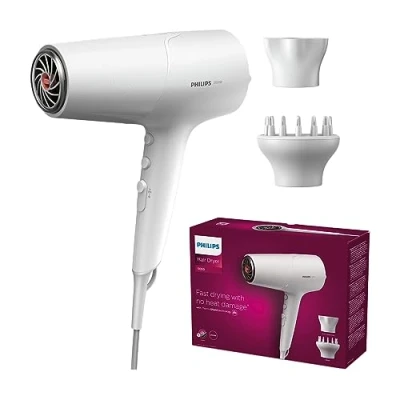 Abbildung von Philips 5000 Series Haartrockner mit ThermoShield Technologie, Volumendiffusor und 14 mm Düse in Weiß Metallic (Modell BHD500/20)