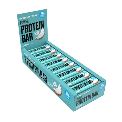Abbildung von Body Attack POWER Protein BAR Coconut, 24 x 35 g Fitness Riegel fettarm Eiweißriegel mit wichtigen Vitaminen, L Carnitin &amp; 25% hochwertigem Milcheiweiß Made in Germany