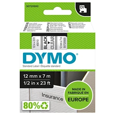 Abbildung von DYMO Original D1 Etikettenband schwarz auf transparent 12 mm x 7 m selbstklebendes Schriftband für LabelManager Beschriftungsgerät