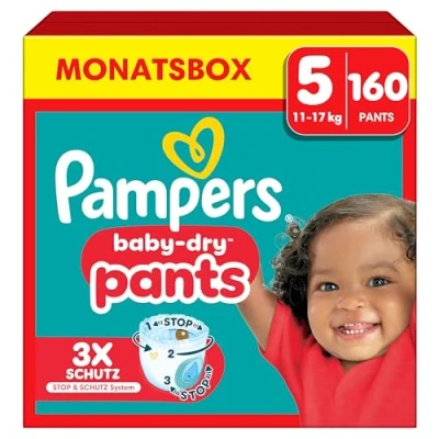 Abbildung von Pampers Windeln Pants Größe 5 Baby Dry, 160 Windeln, 12kg 17kg, 360 Fit hilft, Auslaufen zu verhindern