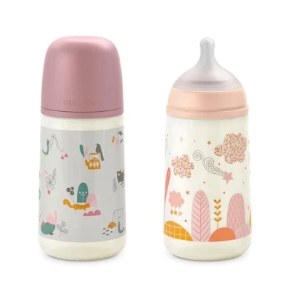 Abbildung von Suavinex, 2er Pack, Babyflaschen 270 ml mit physiologischem Sauger SX Pro aus Silikon, Anti Colic Ventil, mittlerer Nahrungsfluss (M), für Babys +3 Monate, Dreams Pink