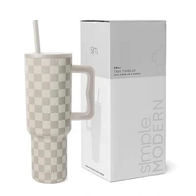 Abbildung von Simple Modern Thermobecher mit Strohhalm und Griff Isolierter Edelstahl Trinkbecher Eiskaffee Reisebecher Geschenke für Frauen Männer Trek 1180ml Checkmate