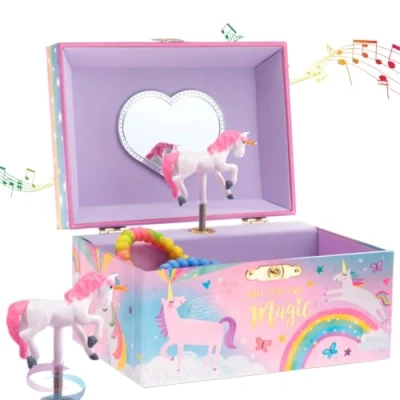Abbildung von Jewelkeeper Musikalisches Schmuckkästchen Mädchen, drehendes Einhorn, Spieluhr, Schmuckaufbewahrung mit Zuckerwatte Design Einhorn Geschenke für Mädchen Schöner Träumer Song