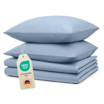 Abbildung von Blumtal Bettwäsche 2X 135x200cm + 40x80cm Kopfkissenbezug Oeko TEX zert. Mikrofaser Set Bettbezug bis 95 C Deckenbezug Kissenbezug 4 teilig Duvet Cover Hellblau