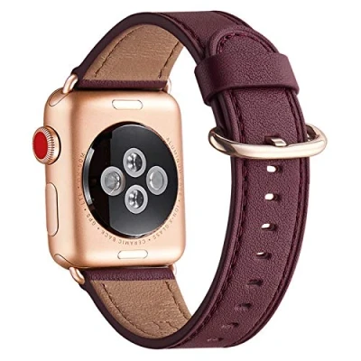 Abbildung von WFEAGL Kompatibel für Apple Watch Armband 40mm 41mm 38mm,Lederband Ersatzband Herren Damen iWatch Series 10/9/8/7/6/5/4/3/2/1,SE(38mm 41mm, Wein+Roségold Adapter)