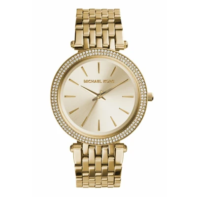 Abbildung von Michael Kors Damen Quartz Armbanduhr, 39.00mm GehäusegröÃŸe mit champagnerfarben analog Zifferblatt und Gold Metallarmband Armband MK3191