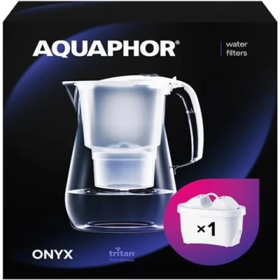 Abbildung von AQUAPHOR Wasserfilter Onyx Weiß inkl. 1 MAXFOR+ Filter I 4,2L in Glasoptik für Karaffe Reduziert Kalk &amp; Chlor Perfekt die Familie Premium Qualität Stylischer Behälter