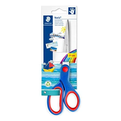 Abbildung von STAEDTLER Bastelschere Noris, Rechtshänder, 21 cm Länge, hohe Schneidleistung, rostfreie gerundete Klingen, weiche ergonomische Griffzone, 965 NBK