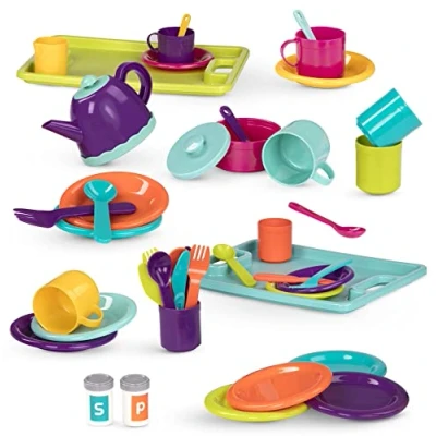 Abbildung von Battat Geschirr Set und Teeservice, Kinderküche Zubehör Teller, Tassen, Besteck, Teekanne, Tabletts Kinder Kochgeschirr für Spielküche Spielzeug Küchenzubehör Spielgeschirr ab 3 Jahren (45 Teile)