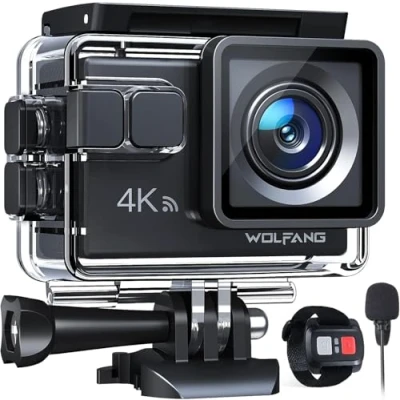 Abbildung von WOLFANG GA100 Action Cam 4K 20MP Unterwasserkamera WiFi 40M wasserdichte EIS Bildstabilisator Helmkamera 170Weitwinkel Camcorder (Externem Mikrofon, 2.4G Fernbedienung, 2 Akkus und Zubehör Kit)