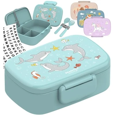 Abbildung von BEARFOOT Brotdose Kinder mit Fächern, BPA frei, Lunchbox, Bento box, Brotbox, Mädchen &amp; Jungen, Snackbox, 100% auslaufsicher, Vesperbox für Kindergarten, Schule (Delfine)
