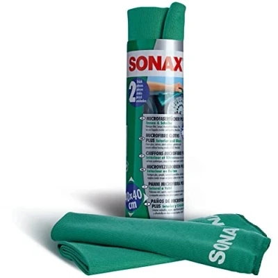 Abbildung von SONAX MicrofaserTücher PLUS Innen+Scheibe (2 Stück) extrem fein ohne Streifen, Schlieren und Fusseln zu hinterlassen Art Nr. 04165410