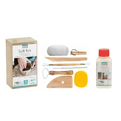 Abbildung von GLOREX 6 8075 299K Set für Kreative: Soft Ton 2500 g in weiß, lufthärtend oder brennbar, 100 ml Tondicht und ein 8 teiliges mit strapazierfähigem Modellierwerkzeug