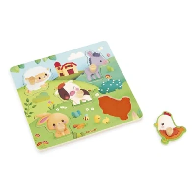 Abbildung von Janod Holzpuzzle mit Touchfunktion 5 Teile Thema Bauernhof Einlegepuzzle Texturen Lernspielzeug Tastsinn, Feinmotorik und Konzentration Ab 18 Monate, J07129, Green