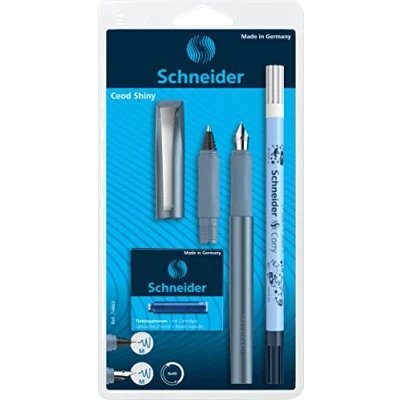 Abbildung von Schneider 74863 Ceod Shiny Schreibset mit Füller, Tintenroller, Tintenkiller (Rechts und Linkshänder, M Feder, inkl. Tintenpatronen königsblau) pacific blue, 9 teiliges Set, 1 Stück (1er Pack)