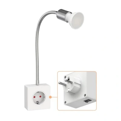 Abbildung von ledscom.de Steckdosenlampe LESCH Leselampe, chrom/weiß inkl. GU10 LED Lampe 7W, 630lm, weiß