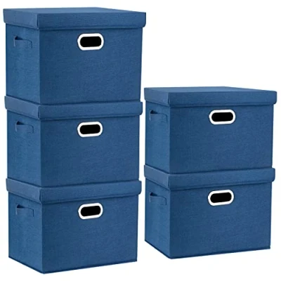 Abbildung von TYEERS Aufbewahrungsbox mit Deckel Groß, Stoff, Faltbare, Waschbare, Kisten Aufbewahrung Deckel, 44x30x29 cm, 5 Stück, Klassisch Blau