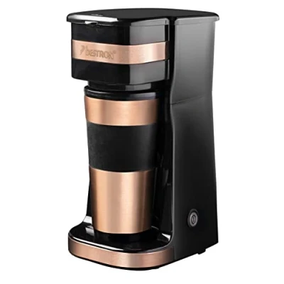 Abbildung von Bestron Kaffeemaschine mit Isolierbecher, Camping für gemahlenen Filterkaffee, kleine 2 Große Tassen, 750 Watt, Farbe: Kupfer