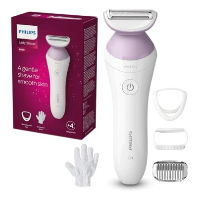 Abbildung von Philips Lady Shaver Series 6000 Kabelloser Nass und Trockenrasierer mit 4 Zubehörteilen, Körperpeeling Handschuh, Kammaufsatz (Modell BRL136/00)